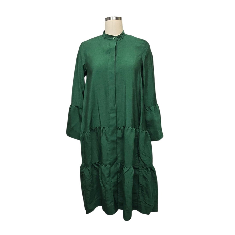 COS Emerald Green Tiered Modal Midi Dress Band Collar Long Sleeve Size 2 NEW